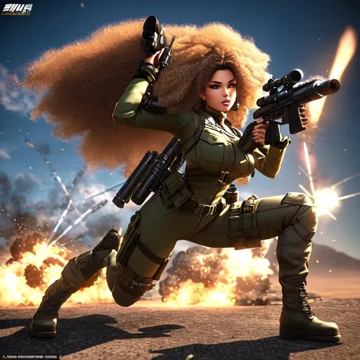 Prompt: Sniper wolf stylized, UHD, hd , 8k, 3d rendered , Very detailed, panned out view with whole character in from, oil painted, holographic foil, long hair with loose  afro curls, Chocolate skinned female  character, hand to hand combat action stance, missiles and Explosion in the background, and wolves, HD, 3D rendered, vivid eyes color, Hair caught in aggressive breeze infused debris scaly shiny leather Mistress  styled dress, Gritty Fantasy character, sharp expressive facial features, Defiant smirk, hand near face, 