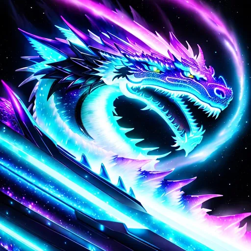 Prompt: Watercolor portrait of a roaring neon ice dragon with iridescent black markings roaring with and galaxy in background, perfect composition, hyper realistic, super detailed, 8k, high quality, trending art, trending on art station, sharp focus, studio photo, intricate details, highly detailed, by greg rutkowski, illustration, watercolor