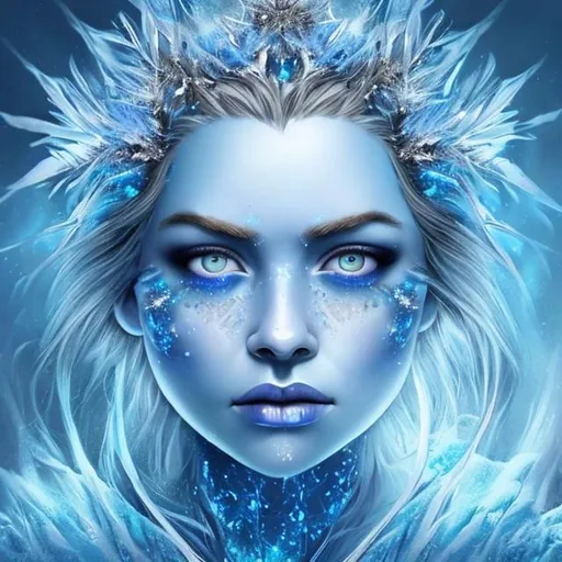 Prompt: Blue ice queen beautiful hyper realistic face features icy eyes hyper detailed snowflake forehead crown 