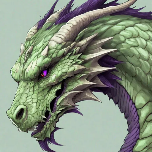 Prompt: Concept design of a dragon. Dragon head portrait. Side view. The dragon is a predominantly pale green color with dark purple streaks and details present.