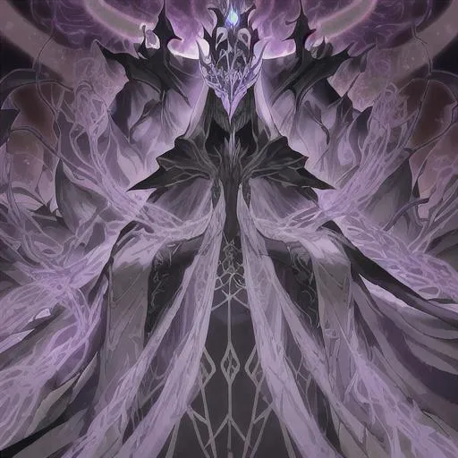 Prompt: Zeraphil manifests as a towering figure shrouded in an ornate, flowing cloak that seems to be woven from the essence of shadow and starlight. Their face is hidden beneath a featureless mask, symbolizing the unknowable nature of the domains they govern. Radiant eyes gleam through the mask, flickering with the wisdom of ages.
