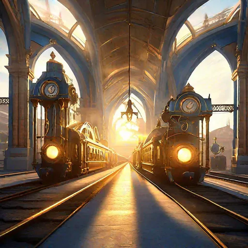 Prompt: **A Steampunk train station at sunrise. The architecture is grand and ornate, with towering arches and steam-powered trains. The lighting is soft and warm, casting longshadows on the stone platform. The colors are fresh and vibrant, with a focus on golds, whites, and blues. 