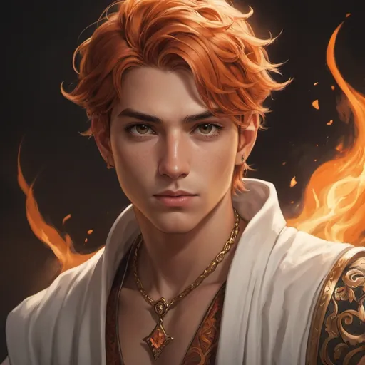 Prompt: a young man with fiery skin, tan skin, wearing an adorned white robe, jasmine flowers, Anime illustration, brown eyes, young man with fiery skin and orange hair tied back, adorned with diamond armor and fire crystals, fiery orange eyes, red eye scar, red-orange tribal tattoos, tarot card concept, detailed muscles, intricate diamond armor, fiery skin tone, glowing eyes, highres, ultra-detailed, anime, tarot card, fiery tones, fantasy, detailed costume, intense gaze, professional, dramatic lighting