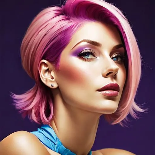 Prompt: a beautiful woman , hot pink hair with purple highlights.