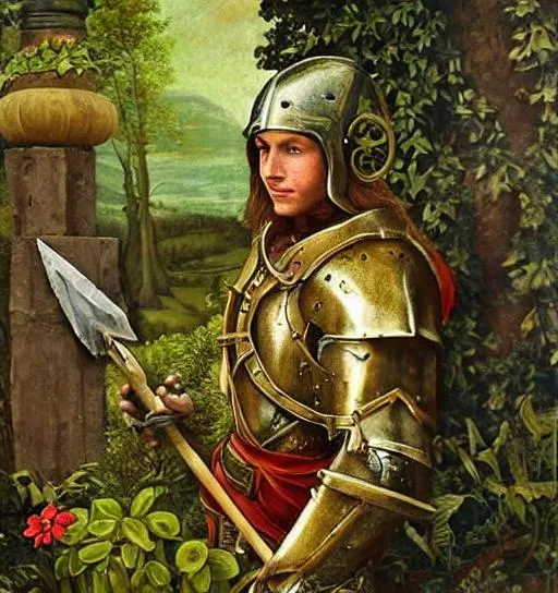 Prompt: A wood elf paladin wearing a metal helmet with lots of greenery and plants renaissance painting