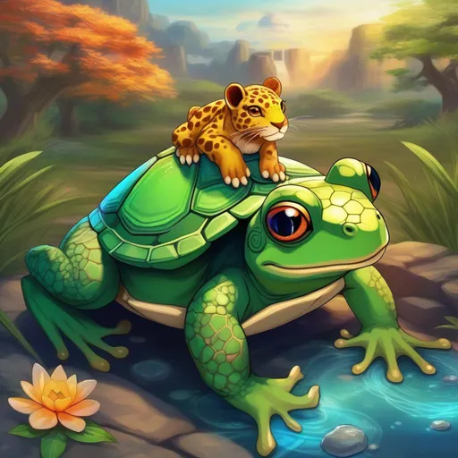 Prompt: a fusion between a frog and turtle and lion, with a gemstone on its forehead, a detailed savannah background, RPG art, Anime art, 2D art, 2D, majestic