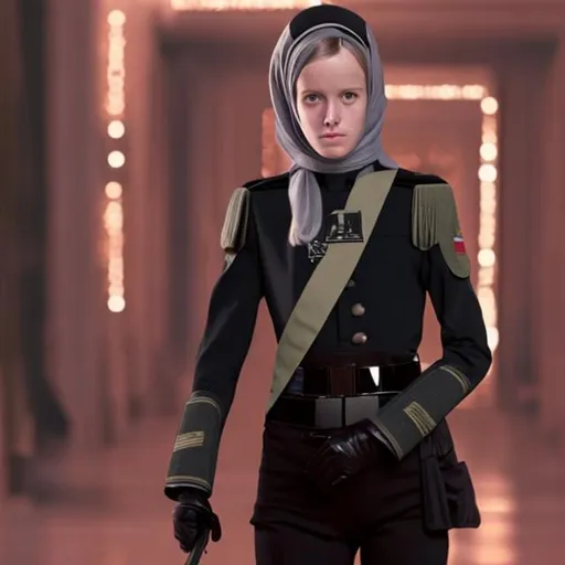 Prompt: Antonia Campbell-Hughes, skinny, anorexic, imperial officer uniform, hijab, 