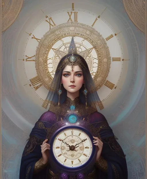 Prompt: A time clock beautiful goddess. She controls the time. Clocks parts all over her body. Opalescent skin. Intricate metallic details. Fractal clocks. An art deco background. Art by Tom Bagshaw, Karol bak, catrin Welz-Stein, Josephine wall, Sherry Akrami, artgerm, Alex Alemany. Best quality, cinematic smooth, highly detailed, beautifully lit. A beautiful 