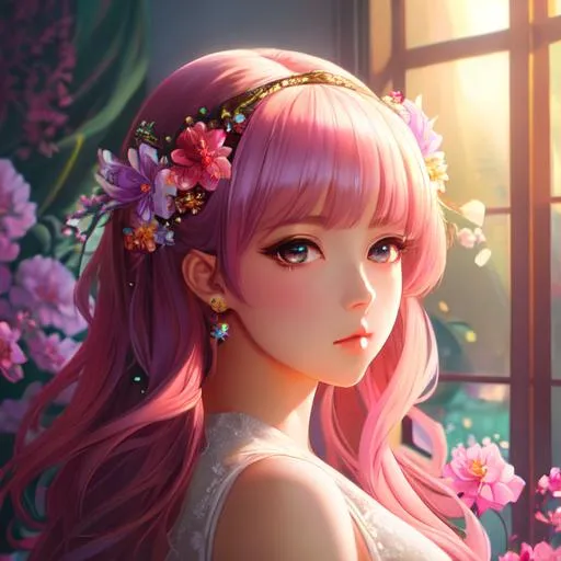 Prompt: thick acrylic illustration, gorgeous anime girl, oil painting, extreme iridescent reflection, flower decorations, chiaroscuro, holy cinematic rim lighting, rococo art –ar 2:3