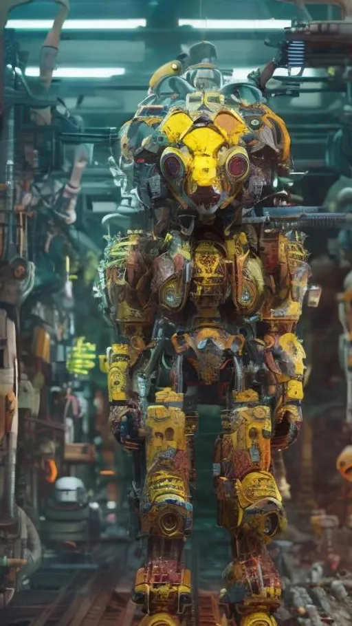 Prompt: Weird colorful teddy bears, nuclear wasteland, assembly line, cloning, mech, guns, hyper detailed, very colorful 