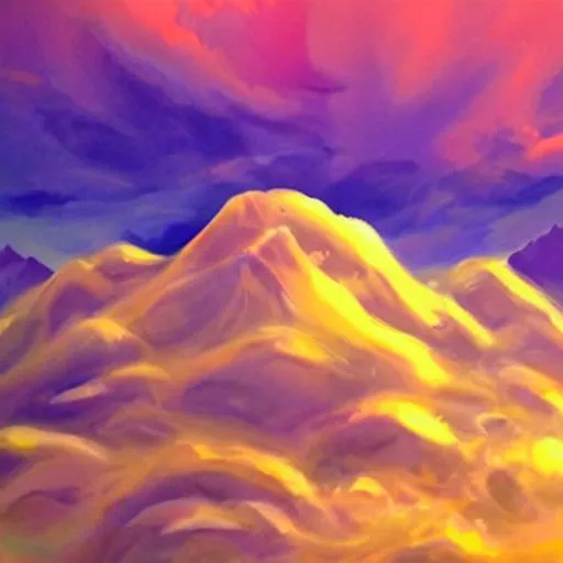 Prompt: Please paint a beautiful mountain with fog swirling around it, also a sunset in the backround with purple skies and pink and orange fluffly clouds.