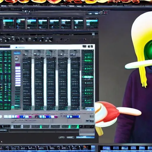 Prompt: time traveling space alien making dubstep on a mac studio