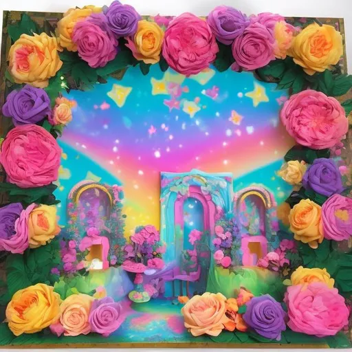 Prompt: Lisa frank style rose garden diorama