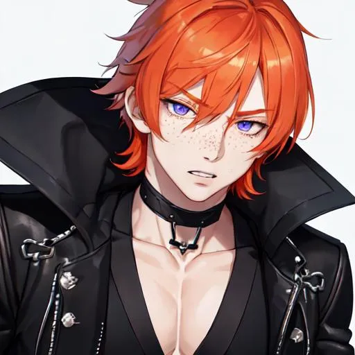 Prompt: Erikku male (short ginger hair, freckles, right eye blue left eye purple) muscular, UHD, 8K, Highly detailed, insane detail, best quality, high quality. black jacket, black shorts, streetwear