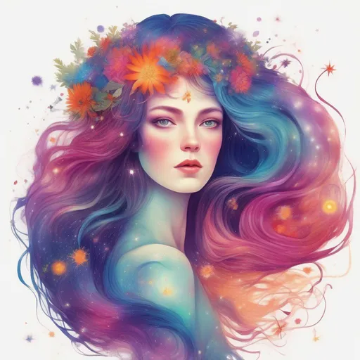 Prompt: Colorful and beautiful Persephone with hair that is made out of the cosmos