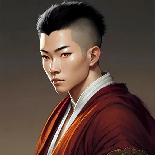 Prompt: young male chinese, monk, detailed fantasy character portrait, D&D, highly detailed, digital painting, concept art, sharp focus, illustration, art by artgerm and greg rutkowski and alphonse mucha
