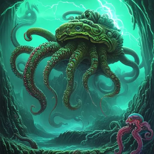 Prompt:  fantasy art style, painting, deep ocean, ancient, Mayan, Aztec, green, green lights, green neon lights, lightning, colourful, murky, H. R. Giger, waves, misty, biological mechanical, pipes, snakes, serpents, eels, tentacles, octopus, jellyfish, squid, giant robot, pregnant robot