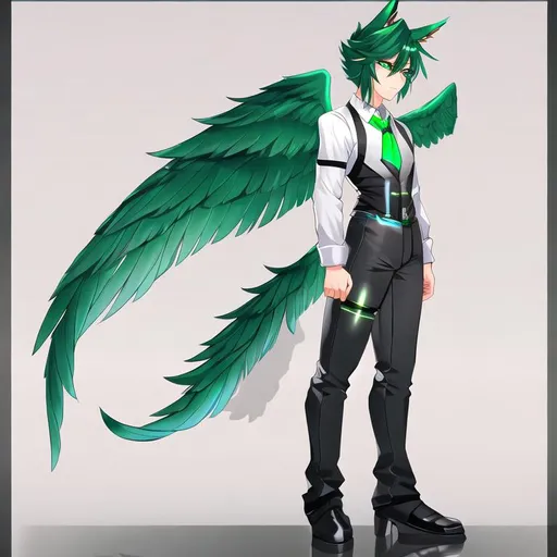 Prompt: Your OC is a small twisted pegasus-human bipedal animatronic hybrid, with focused emerald eyes. They identify as male, standing on two legs, 
