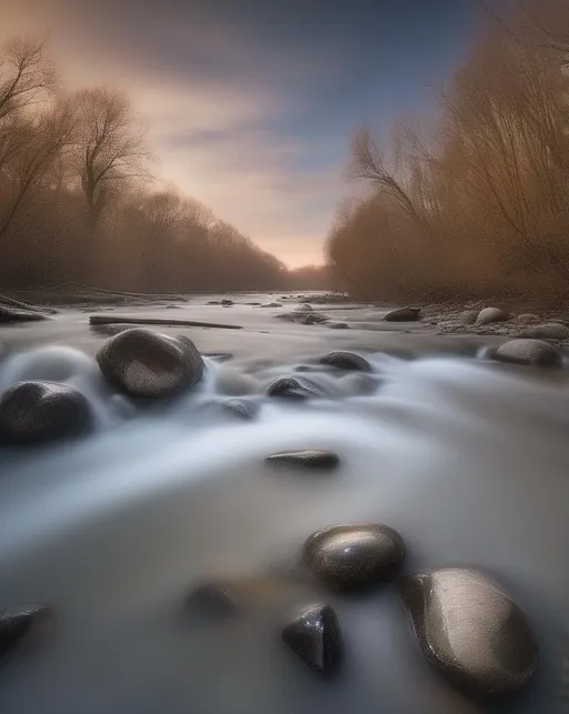 Prompt: Equipped with a neutral density filter, the photographer captures a serene scene of a river, its waters appearing smooth as silk, while the sky carries an ethereal charm during a long exposure.