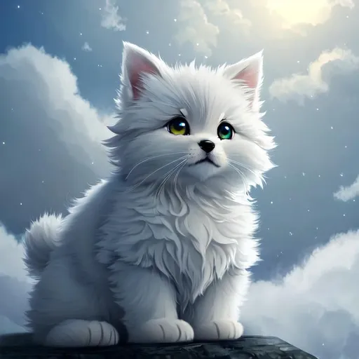 Prompt: Cute, very, very, light gray, fluffy, fantasy light puppy, with cloudy, white eyes, very, light, light, gray fur, and possessing the element of air and making circles of clouds and air move around in the air in a magical way, in a space background. Perfect features, extremely detailed, realistic. Krenz Cushart + loish +gaston bussiere +craig mullins, j. c. leyendecker +Artgerm.