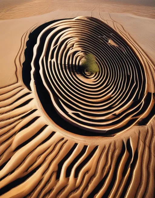 Prompt: A stunning minimalist land art image of a spiraling rock labyrinth outline in the desert, shot from above with the winding path leading toward the towering mountains. 