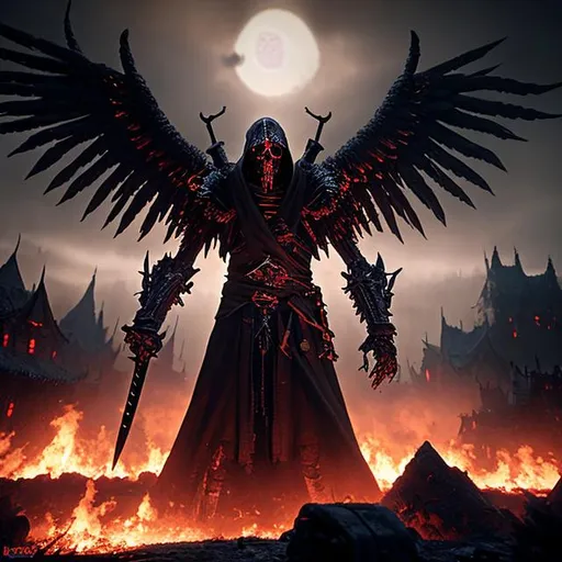 Prompt: Death wearing a cloak while holding a sword staring down at a village that was destroyed by a nuclear bomb. Realism. Black fog emerging from underneath deaths cloak. raven wings attached to deaths back. Burning village in the background. Burning corpses. Giant smoldering skeleton in the background.