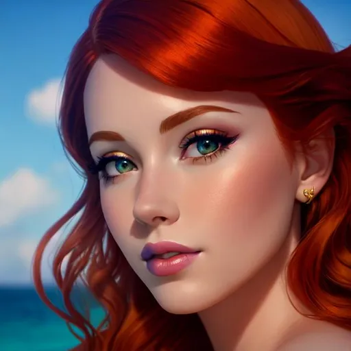 Prompt: a beautiful mermaid with pale skin and orange hair  and lips, Disneystyle, 4k,  facial closeup



