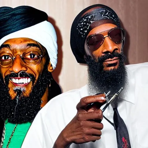 Prompt: bin laden with snoop dogg smoking pod in the bed