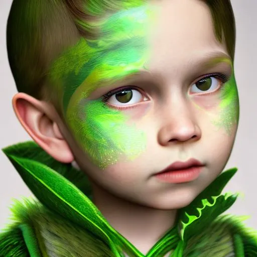Prompt: child with green scales on cheeks, portrait, D&D, realistic, highly detailed, 4k,