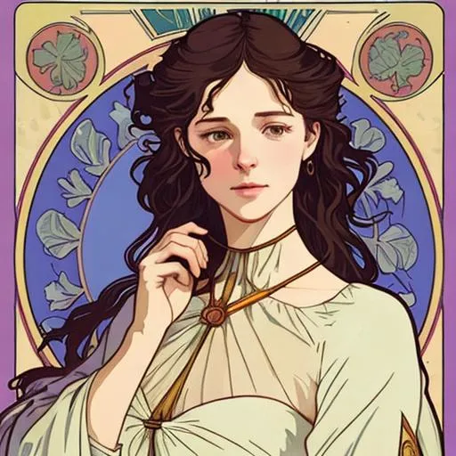 Prompt: Please create Clare Fraser from outlander in Alphonse Mucha art style 