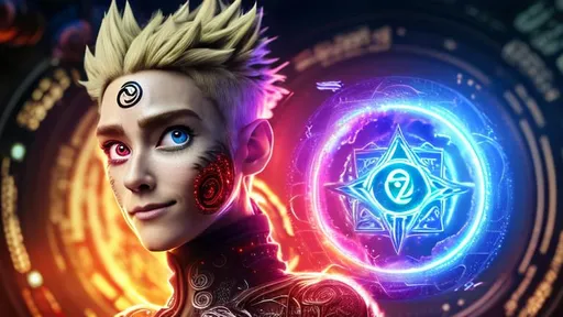 Prompt: CGI, 4K high resolution, modern style, solar puck, anime, vortex, Farscape, bio-organic machine, Naruto, smirking, intricate light brown hair with blonde streaks, sheer clothing, cleavage, surrounded by alchemy symbols