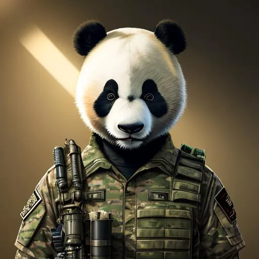 Prompt: Panda dressed in soldier clothes, Panda body, dramatic lighting, 8k, portrait,realistic, fine details, photorealism, cinematic ,intricate details, cinematic lighting, photo realistic 8k, desert, cactus.