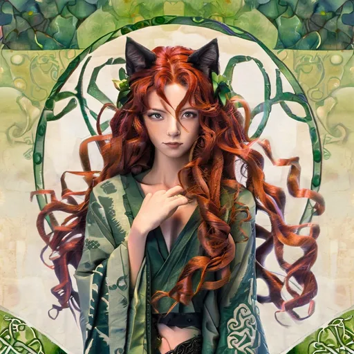 Prompt: Japanese ink art, Celtic woman, face with cat ears and tail, long red curly hair, detailed green eyes, detailed skin texture, Celtic Robes full body view, detailed Japanese style background, diffused lighting, delicate, artistic, beautiful, 