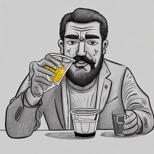 Prompt: A hand drawn picture of a big headed man drinking 3 drinks, simple lines 
