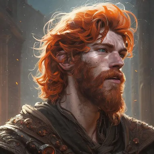 Prompt:   portrait of a young ruggedly handsome but joyful mage, male, masculine, full body,  heterochromia, orange-red hair, waist long hair, gaunt face, d & d, freckles, fantasy, intricate, elegant, highly detailed, digital painting, artstation, concept art, matte, sharp focus, illustration, art by artgerm and greg rutkowski and alphonse much