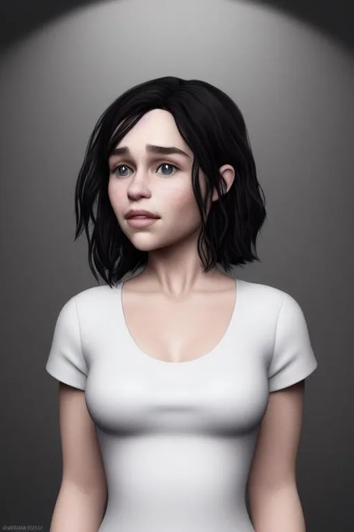 Prompt: high quality photorealistic portrait of girl {Emilia Clarke} age of 27, black short hair, perfect detailed face, white skin, sleepy eyes, slightly smiling,, wearing white t-shirt and black leather jacket, Photoshoot, Portrait, Studio Lighting, Beautiful Lighting, Warm Color Palette, Melancholic, trending on Artstation, by {Jim Burns}  Octane Render, sharp focus, studio photo, intricate details, highly  detailed,  ultra detailed