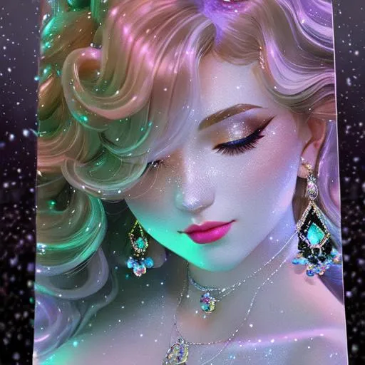 Prompt: Beautiful and sweet girl of warm glaze, wearing vaporous mini dress, discrete make up, glowing up, large curly black marine blue hair, light sparkles, drapping, big lips, pink cheeks, translucid, unreal engine 148k octane, 3d lightning, stellar clouds, quartz and opal, gem rain, soft white skin, long wavy hair, nice smile, luminous chest, fantasy, silence