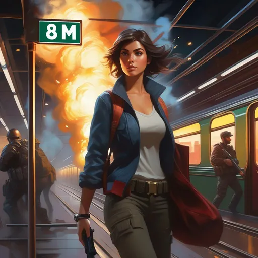 Prompt: Third person shooter, female protagonist, explosions, subway, cartoony, cold atmosphere, extremely detailed painting by Greg Rutkowski and by Henry Justice Ford and by Steve Henderson