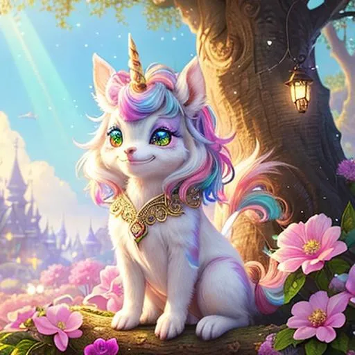 Prompt: Glittering close up cute and adorable colorful Unicorn gremlin widely smiling creature on a tree, filigree, long striped tail, reflective eyes, flowers, rim lighting, lights, extremely fluffy, detailed eyes. magic, surreal, fantasy, digital art, Alice in Wondeland style, wlop, artgerm and james jean, extremely detailed teeth, cute teeth, , kids story book style, muted colors, watercolor style