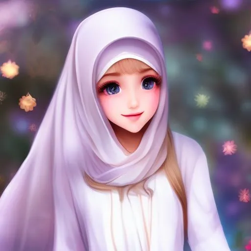 Pretty woman wear hijab, hero, smile, anime version