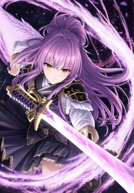 Prompt: UHD, , 8k, high quality, oil painting, hyper realism, Very detailed, zoomed out view of character, full body of character is seen, purple haired angel wearing armor wielding a large two-handed sword summoning a white flame that covers the blade