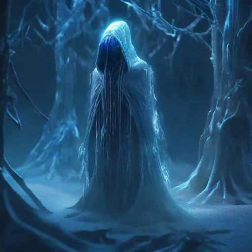 Prompt: "A Dreamlike Concept Artwork of Ethereal hooded Primordial Frozen Ghost, Midnight vapor setting, by Douglas Shuler, Tom Thiel. Hidden detailing, Trending on MidJourney, Cinematic Composition, Reimagined by industrial light and magic, silent uncanny, 4k, obscured lighting, HDR, IMAX, Polycount, shadow depth"