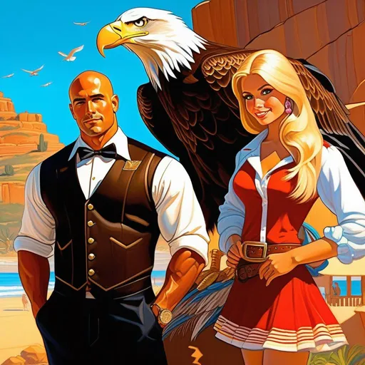 Prompt: Tanned Mexican gigachad meets cute blonde American girl, bald eagle in the background, cartoony style, extremely detailed painting by Greg Rutkowski and by Henry Justice Ford and by Steve Henderson 