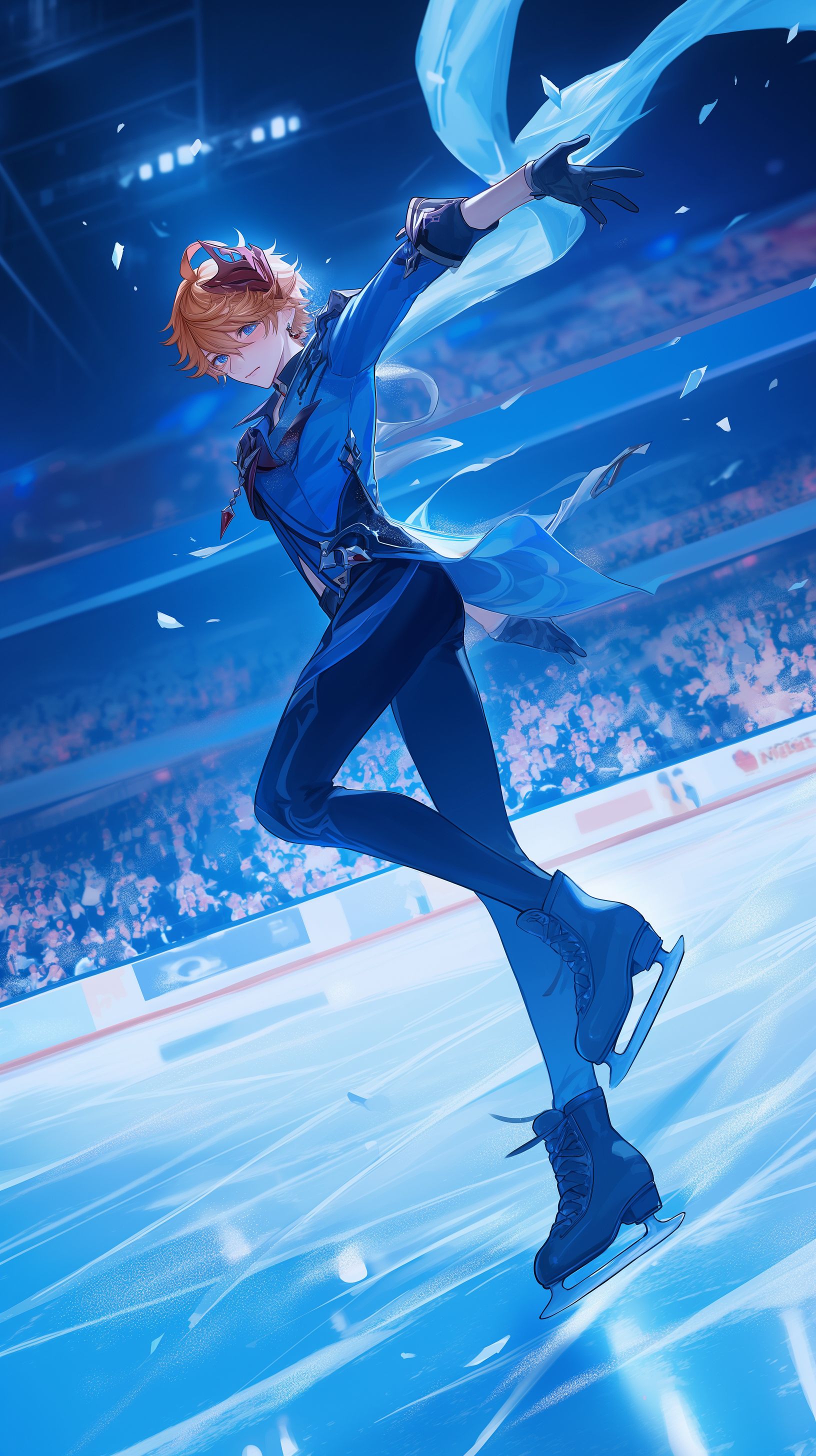 Prompt: Tartaglia from Genshin Impact, Dressed in blue form fitting figure skating costume, jumping in the air doing a spin over the ice below him, the ice falls off the front of the skate from impact, graceful, blush, intense, a crowd of onlookers watch from behind the barrier at a rink/venue --ar 9:16 --niji 6