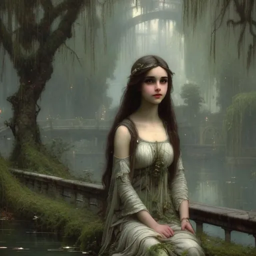 Prompt: a beautiful young woman sitting on a beautiful bridge, in an abandoned white marble statue garden, willow tree, foggy, moss, ivy, calm, high fantasy, cinematic lighting, dramatic, extreme detail, realism, moody, John William Waterhouse, pre-raphaelite