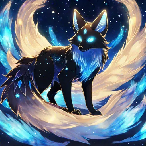 Prompt: A translucent kyūbi no kitsune that is glowing, black and blue fur, nebula, glitter, in the den, beneath the stars, bioluminescent, highres, best quality, concept art