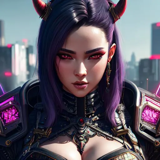 Prompt: Cyberpunk art, Devil, front, soft skin, wearing armour, epic Instagram, artstation, hyperdetailed intricately detailed , unreal engine, intricate detail, splash screen, complementary colors, concept art, 8k, deviantart masterpiece, oil painting, heavy strokes, splash arts, dim lighting