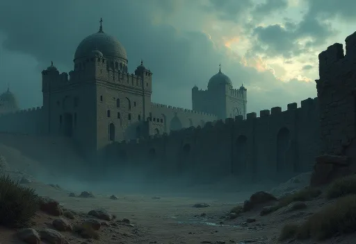 Prompt: Fantasy illustration of a fortified prison, islamic architecture, dark color scheme, rugged stone walls and watchtowers, eerie shadows, mystical atmosphere, desolate desert landscape, ominous sky with muted clouds, hints of ethereal light breaking through, 4K resolution, ultra-detailed, enveloped in an air of mystery and foreboding.