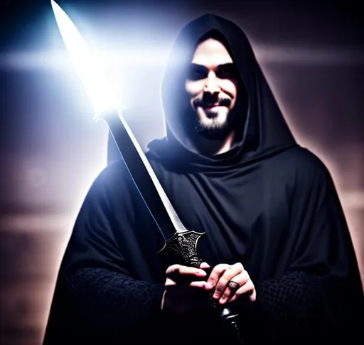 Prompt: {{Sinister Human Male Holding a black Dagger}}, Evil, Shady, Cultist, Occult, Shadowed, Midnight Lighting, Fantasy, Homeless, Grungy, Evil Smile
