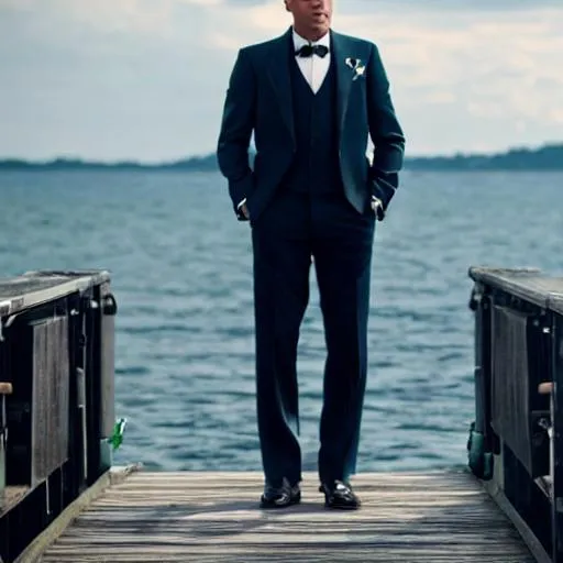 Prompt: ((Cinematic high quality)) ((portrait masterpiece photo)) Gatsby standing on dock reaching his hand out, green light on the horizon